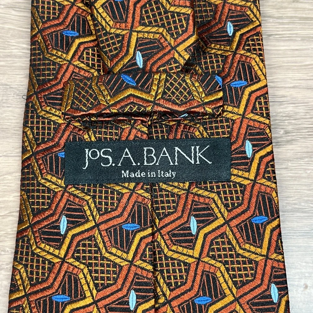 Jos.‎ A. Bank Necktie Mens Orange Gold Geometric Silk Made in Italy Wide Tie